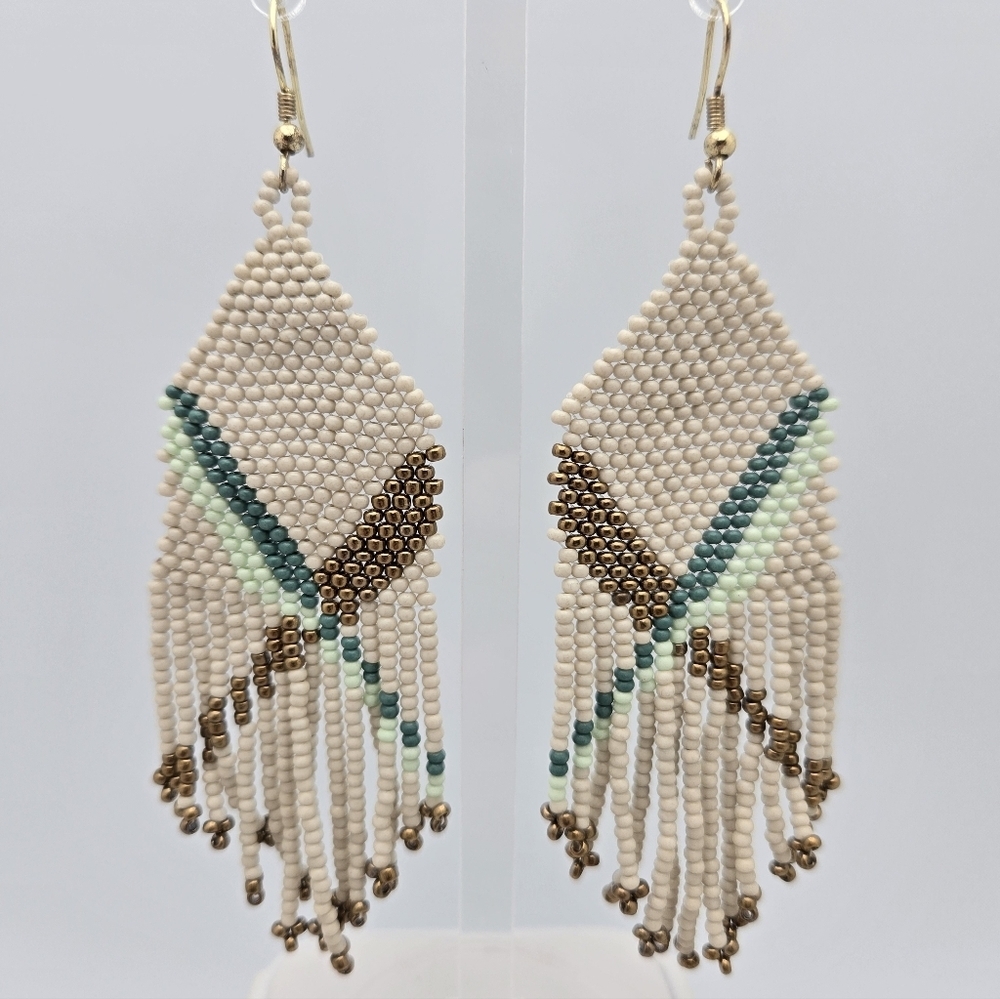 Ink + Alloy Handmade Green Gold Beaded Fringe Designer Earrings 3.5''